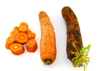 Fresh carrots on a white background - one with the ground and unwashed, the second - washed with water, the third - cut into circles