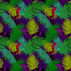 Fototapeta na wymiar Snake and tropical leaves seamless pattern design