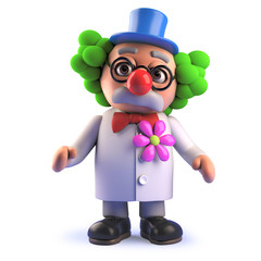 Crazy mad scientist character in 3d dressed as a funny clown in wig