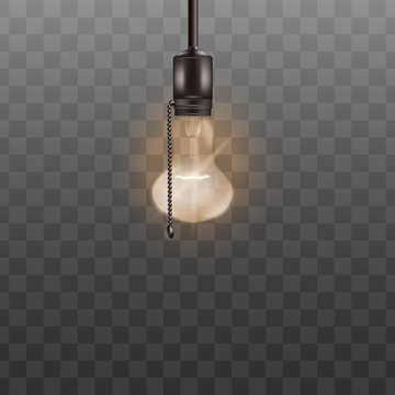 Lit light bulb ceiling lamp with switch rope isolated on transparent background.