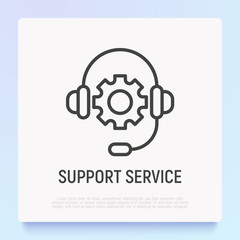 Support service: headset with wheel thin line icon. Call center, client assistance, operator. Modern vector illustration.