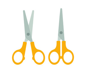 Set of open and closed scissors with a yellow handle. flat vector illustration