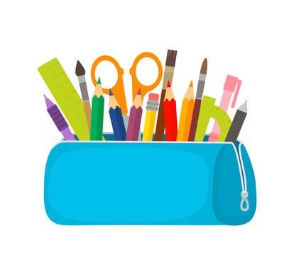 Bright school pencil case with filling school stationery such as pens, pencils, scissors, ruler, tassels. concept of September 1, go to school. flat vector illustration isolated