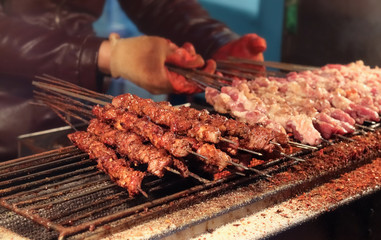 Delicious grilled bbq goat skewer street food at Muslim Quarter, street, Xi'an