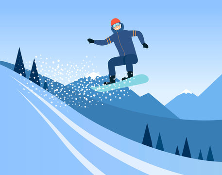 Cartoon man riding a snowboard, snowboarder doing a high jump mid air on a snow slope