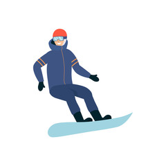 Man a snowboarder in a sportive suit flat vector illustration isolated on white.