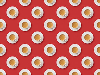 seamless pattern with fresh coffee in cups and saucers on red background