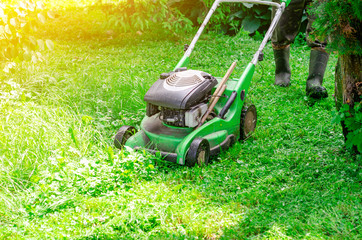 Worker mows the grass on the lawn in the park gasoline lawn mower