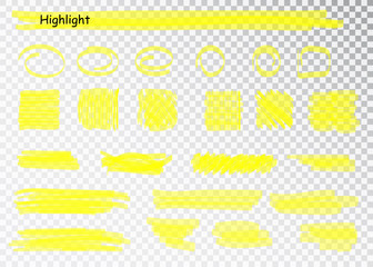 Fototapeta premium Yellow Highlighter Marker Strokes. Vector brush pen underline lines. Yellow watercolor hand drawn highlight set.