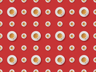 seamless pattern with white big and small coffee cups and saucers on red background