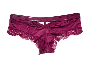 Underwear woman isolated. Close-up of luxurious elegant pink satin lacy panties isolated on a white...