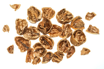 Walnut shells (open, broken) falling. Isolated on white background.