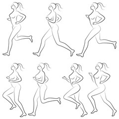 Collection. Silhouette of slender lady. The girl is running. The woman goes in for sports, strengthens health. Vector illustration set