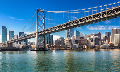Downtown San Francisco and Oakland Bay Bridge on sunny day
