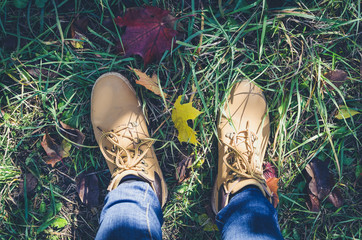 Casual unisex boots with colorful autumn fallen leaves.