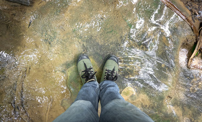 top view Foot in the water-rock - Powered by Adobe