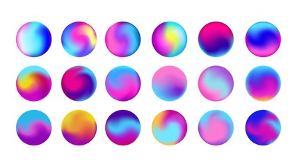 Rounded holographic gradient sphere button. Multicolor purple yellow orange pink cyan fluid circle gradients, colorful soft round buttons or vivid color spheres flat vector set - Vector graphics.