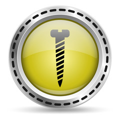 Screw icon. Yellow glossy button for web design. Metal case. Vector.