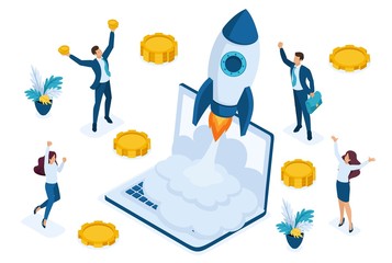 Isometric business startup, businessmen rejoice rocket take-off from laptop, business investment. Concept for web design