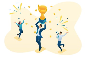Isometric successful businessman celebrating a victory, and to triumph in Cup winners. Concept for web design