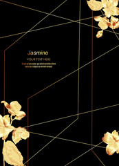 Jasmine flowers in golden polygon geometric cube shape on dark background. Floral poster, invite. Vector decorative greeting card