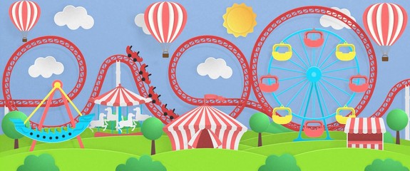 Paper art. Country amusement Park in nature. Attractions for family holidays.
