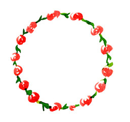 Watercolor flower wreath frame background. Green red yellow with roses, peonies, peony Template for invitation, profile avatar frame and vintage design. 