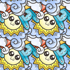 Seamless vector pattern with cute cartoon monsters and beasts. Nice for packaging, wrapping paper, coloring pages, wallpaper, fabric, fashion, home decor, prints etc