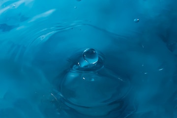 Drop of water. Blue water drop. Falling water. Water splash close-up. Rain close up
