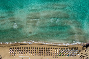 Aerial shot of beautiful empty beach with waves in Falasarna Crete Greece
