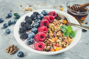 Bowl of homemade granola with yogurt