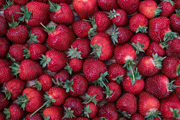 Background from ripe, freshly plucked, red strawberry close-up shot.
