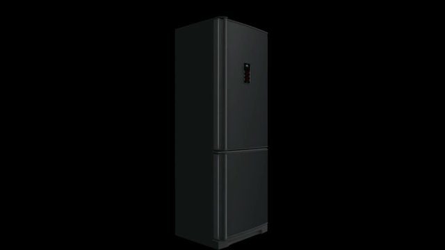 Abstract 3d model of white modern refrigerator with electronic panel rotating on the black background. Animation. Kitchen appliances