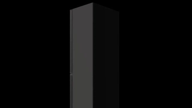 Abstract 3d model of white modern refrigerator with electronic panel rotating on the black background. Animation. Kitchen appliances