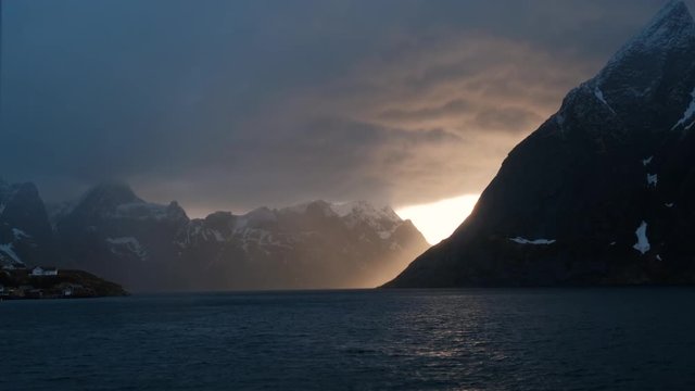 Sunset cloudy sky at the coastal of Reine and Hamnoy on Moskenesoya island, Lofoten Islands archipelag.