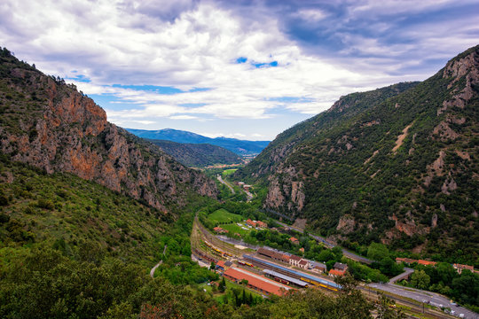 View from the fortress on the town and railway station Villefranche de Conflent, France