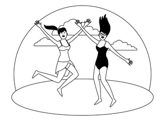 Young friends and summer cartoons in black and white