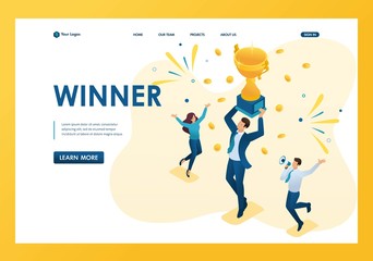 Fototapeta na wymiar Isometric successful businessman celebrating a victory, and to triumph in Cup winners. Template landing page