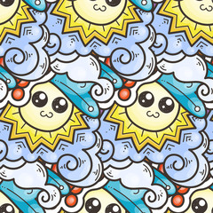 Seamless vector pattern with cute cartoon monsters and beasts. Nice for packaging, wrapping paper, coloring pages, wallpaper, fabric, fashion, home decor, prints etc