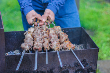 meat on skewers roasted over the coals.picnic in nature. preparation of a shish kebab.