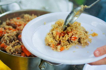 a picnic in the summer on the nature.in a saucepan of delicious lamb pilaf. laid out on the plate portion.