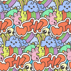Seamless vector pattern with cute cartoon monsters and beasts. Nice for packaging, wrapping paper, coloring pages, wallpaper, fabric, fashion, home decor, prints etc