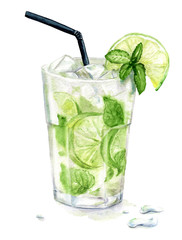 watercolor mojito cocktail with mint and lime - obrazy, fototapety, plakaty