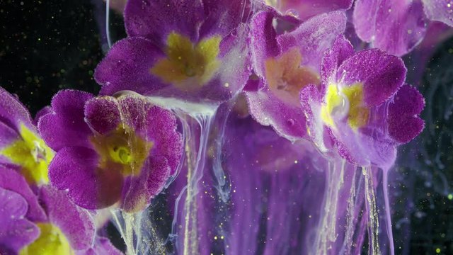 Primrose Primula Vulgaris blossom. Colorful Pigment Flow.