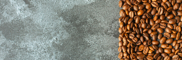 coffee beans (good and bad grain) - arabica and robusta blend (roasted coffee grain). Top view . Copy space