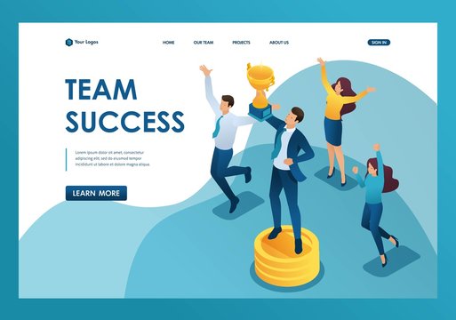 Isometric the team has achieved success, the businessman jumps with a Cup in hand. Template landing page