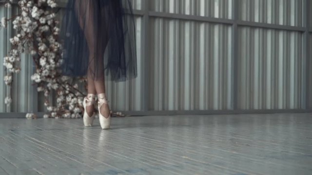 Close-up of ballet dancer's legs in pointe shoes, tights and mesh skirt dancing on pointe in a choreography room. Ballet classes