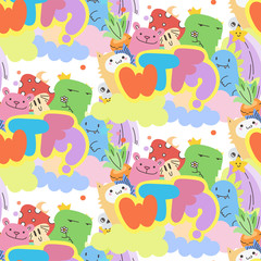 Seamless vector pattern with cute cartoon monsters and beasts. Nice for packaging, wrapping paper, coloring pages, wallpaper, fabric, fashion, home decor, prints etc