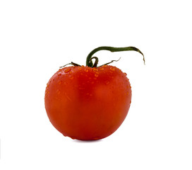 fresh pulpy tomato in drops of water isolated on white