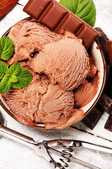 Chocolate coffee ice cream ball in a bowl. ice cream scoop